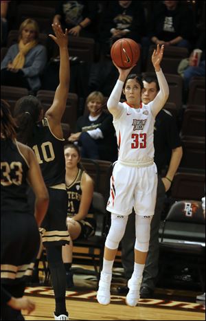 Bowling Green's Haley Puk shoots a 3 in a game against Western Michigan last season. The senior scored a career-high 26 points in the Falcons overtime win at Robert Morris Thursday.