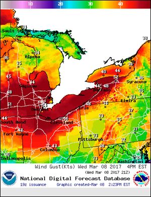 NOAA Graphical Forecast image depicting wind gusts in the Eastern Great Lakes region. This graphic was generated today at 2:23 p.m.