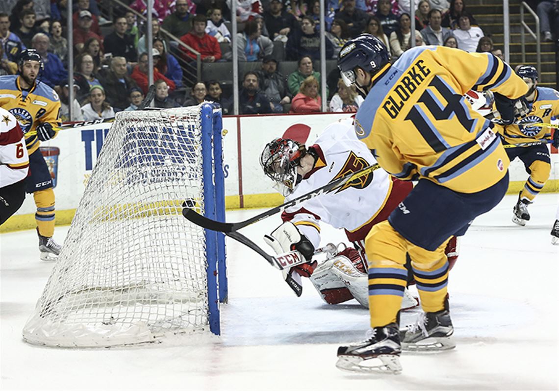 Toledo forward Alex Globke scores a goal as Indy goaliender Eric Levine tries to make a stop during Saturday’s regular-season finale at the Huntington Center. The Walleye announced Saturday that Toledo will host the 2019 ECHL All-Star Game.