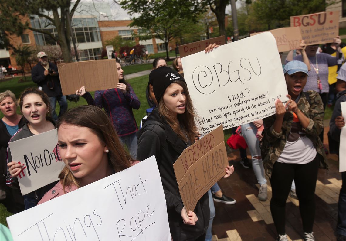 Chelsea Halm, center, joins other students at a protest of Bowling Green State University's handling of sexual assault allegations last week. Today, BGSU President Mary Ellen Mazey announced the creation of a sexual assault task force.
