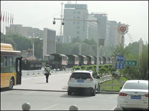 Unannounced military exercises in Kashgar are common. For three hours the roads were cleared of traffic and police and paramilitary forces practiced emergency drills.