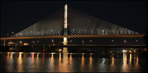 The I-280 Veterans' Glass City Skyway bridge with its stay-cable lights fully lit in September of 2010.