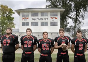 From left, Liberty Center football players Nick Bovee, Caleb Carpenter, Christian Kahle, Jarrett Krugh, and North West are on the NWOAL favorites.
