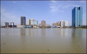 The Maumee River and Downtown Toledo skyline as seen from International Park.