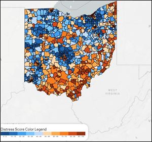 Areas in the state of Ohio broken down by their distress score, according to a study by the Economic Innovation Group.