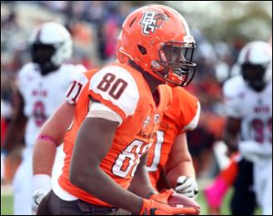 The Bowling Green Falcons'  Quintin Morris celebrates his touchdown during the game against The Northern Illinois Huskies at BGSU on October 21, 2017.