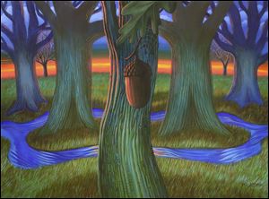'The Magic Acorn,' by aristic duo Mr. Atomic, is among 30 paintings on display at the Paula Brown Shop through February. The surrealist works are created by twins Mark and Michael Kersey.