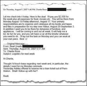An email from Charlie Rose. Rose offered her a side gig at his home in Bellport on Long Island to Reah Bravo.