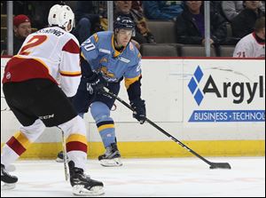 Mike Borkowski, shown in a game earlier this season, charted 2 goals for the Toledo Walleye in a 5-4 win over Wheeling.