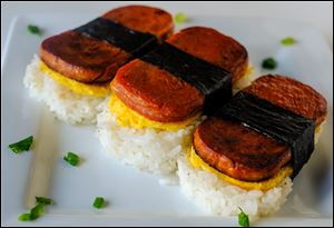 Spam and Egg Musubi (a variation on sushi) Wednesday, December 20, 2017, in Toledo, Ohio.