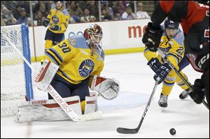 Toledo goalie Pat Nagle stops a shot earlier this season vs. Cincinnati. Nagle was a member of the Central Division team in Monday's ECHL all-star game.