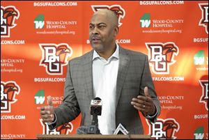 Bowling Green State University football coach Mike Jinks discusses incoming recruits during a news conference Wednesday, December 20, 2017 at the Sebo Center. The Falcons added four more players in February's recruiting class.