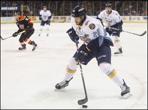 Kyle Bonis of the Toledo Walleye, shown in a game earlier this season, had a goal and an assist in Saturday's win over the Indy Fuel.