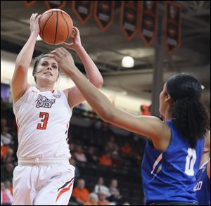 Bowling Green State University forward Andrea Cecil shoots over Buffalo forward Summer Hemphill during a game at the Stroh Center in Bowling Green Wednesday, February 21, 2018. Buffalo won the game, 88-67.