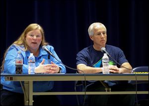 Amy Gloor, left, and Jeff Wilbarger, speaking at a town hall forum on human trafficking at Woodmore Elementary School in Woodville on Sunday.