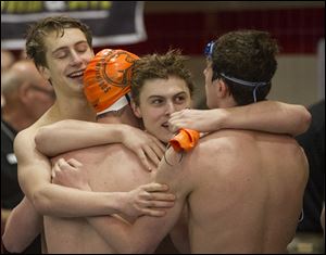From left: Aiden Sorensen, Sam Curran, Isaac Ginsberg, and R.J Kondalski of Southview celebrate their second-place finish in the boys 200-yard medley relay at the Ohio High School Div. I Swimming Championships in Canton.