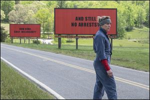 This image released by Fox Searchlight shows Frances McDormand in a scene from 'Three Billboards Outside Ebbing, Missouri.'
