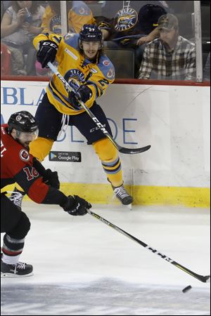 A.J. Jenks of the Toledo Walleye, shown in a game earlier this season, scored the deciding goal in a shootout to help Toledo beat Brampton Sunday.