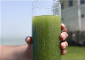 A sample glass of Lake Erie water is photographed near the City of Toledo water intake crib in 2014.