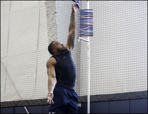 Trevon Mathis displays his vertical during the University of Toledo's Pro Day at the Fetterman Training Center in Toledo on Monday.