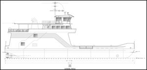 The new ferry for the Miller Boat Line is being designed by the Elliott Bay Design Group of Seattle. The 140-foot craft is expected to cost $7 million and will be capable of carrying 600 passengers, or 28 standard automobiles and 250 passengers.