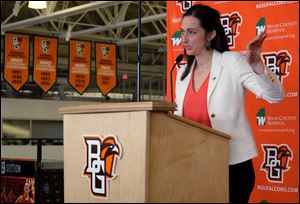BGSU women’s basketball coach Robyn Fralick speaks during a press conference Wednesday.