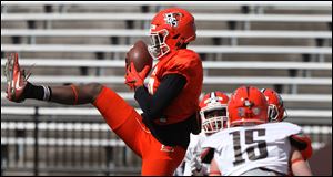 Quarterback Jarret Doege looks to pass during the Bowling Green State University spring football game at Doyt Perry Stadium in Bowling Green, Ohio.