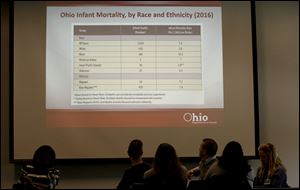 Statistics shown during a community meeting at Nexus Healthcare in Toledo to end infant mortality.