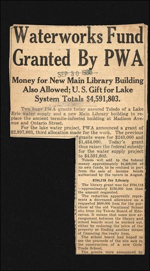 Newspaper clipping from Sept. 30 1938 explaining the PWA grants for a new library and a Lake Erie water supply.