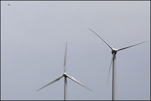 A bird passes near a pair of wind turbines near Camp Perry near Port Clinton.