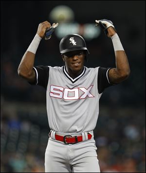 Chicago White Sox's Tim Anderson reacts after hitting a two-run double in the eighth inning against the Detroit Tigers.