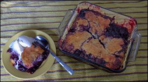 Batter-style Blueberry Cobbler, and a piece of cobbler with vanilla ice cream.