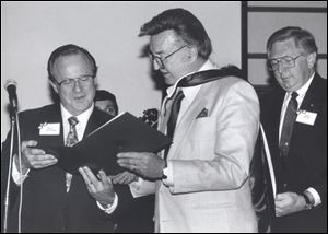 Steve Allen receives an honorary degree in 1991 from Paul Olscamp, then president of Bowling Green State University. Mr. Allen donated manuscripts and recordings to the school.