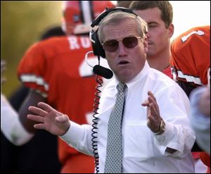 Gary Blackney, who resigned four games into the season, tries to exhort his Falcons in their last home game. In Perry Stadium, Blackney was 34-14-1. He won two MAC titles in 10 years.