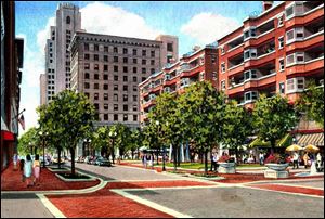 An artist's conception of the downtown shows two five-story brick apartment buildings, at right, filling a large portion of the block now occupied by the Madison Building and the bus station at Madison Avenue and Erie Street.