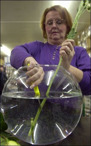 Jackie McCauley gives stems a fresh cut under water so that the flowers immediately take in water, not air, and last longer. 