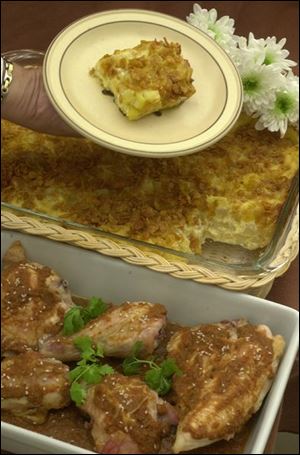 Cheesy Potato Casserole, top, and Chicken Mole are among foods often shared with those in need of support.