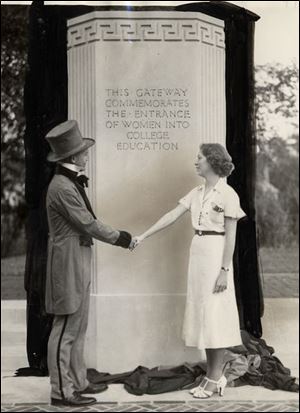 At Oberlin College in 1937, student descendents of America's first coeds mark the 100th anniversary of coeducation, which began there.