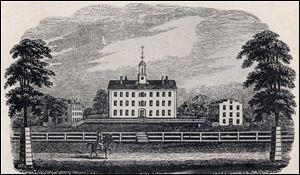 An 1846 drawing by Henry Howe shows Cutler Hall at Ohio University in Athens. Construction began in 1816 and was finished in 1819.
