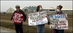 Jay Kershner is joined by Bowling Green State University students Deana Swaney, 19, center, and Sara Eisenbaum, 20, at Range Line and Maplewood roads across from the nearly 700-cow operation in Wood County's Liberty Township.