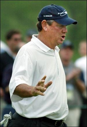 Bobby Wadkins hit 13 of 14 fairways yesterday in the first round of the Senior PGA Championship at soggy Aronimink Golf Club. He shot a 2-under-par 68 and shares the lead with John Jacobs and Mike San Filippo. Seven players are one shot back.