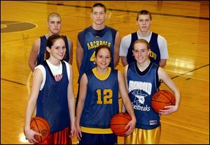 Front row from left, Amy Wanemacher, Kara Buehrer and Kendra Stahl shared the NWOAL championship and were 19-1 overall. Back row from left, Mike Pratt, Joel Ruffer and D.J. Selgo went unbeaten in NWOAL play and finished the regular season 17-3.