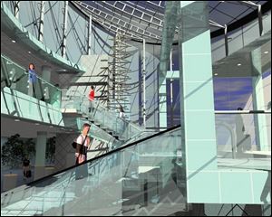 A rendering of the new escalator and stairway highlights the city's association with the glass industry.