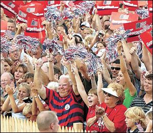 Supporters cheer for the President at his visit to Fort Meigs.