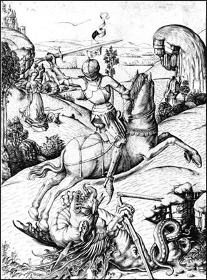 <i>St. George and the Dragon</i>, an etching by the Flemish artist Master FVB.