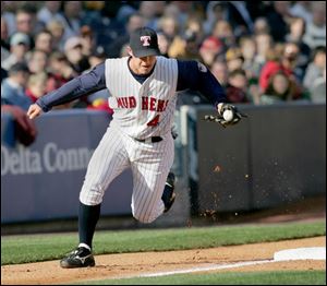 The Mud Hens  Jack Hannahan makes a play at third base. Hannahan went 2-of-4 at the plate and scored a run.
