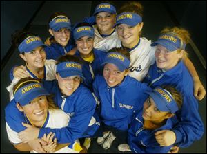 The starting lineup for St. Ursula s softball team includes (front, from left) Chelsey Jones, Kelly Krueger, Corey Monarch, Chastity Guerrero; (middle) Bridget Rattay, Alyssa Schultz, Hayley Wiemer, Audrey Tucholski; (back) Alyssa Frobase, Siera Reichler. The Arrows have compiled a 26-2 record.
