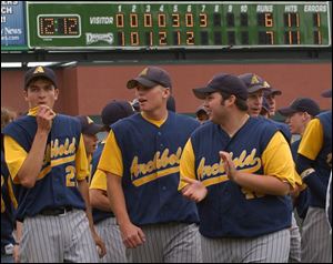 From left, Archbold pitcher Landon Good, Brooks Wagler and Derric Martinez walk off Fifth Third Field in Dayton after their Division III state semifinal baseball victory over Cincinnati Hills Christian Academy. Good went the distance, throwing 127 pitches - including 38 in the seventh inning as Cincinnati Hills Christian Academy rallied for three runs.