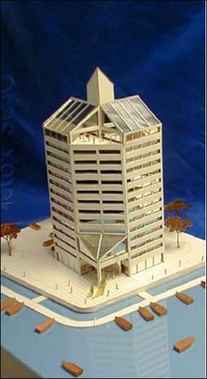 An architectural rendering of the Skyway Center calls for a hotel, restaurants, and shops.