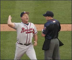 Richmond manager Pat Kelly gets ejected for arguing with umpire R.J. Thompson that Thames' hit was a foul ball. The Hens held a 6-2 lead after the double.